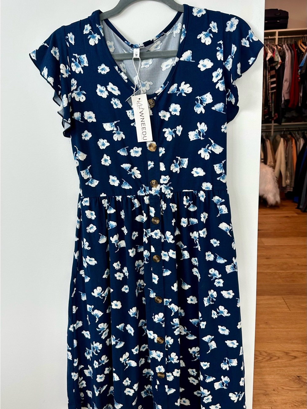 Womens button front, Navy Floral Midi Dress with flutter sleeves